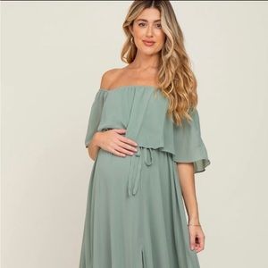 Pinkblush Light Olive Chiffon Off Shoulder Maternity Maxi Dress
